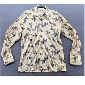 VTG Kmart Shirt Mens Sz M Geometric Abstract Disco 70s Tan Blue Arnel